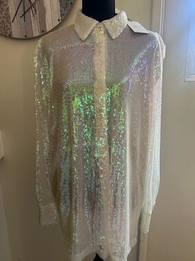 Iridescent Sequin Button-Down Shirt with Collar